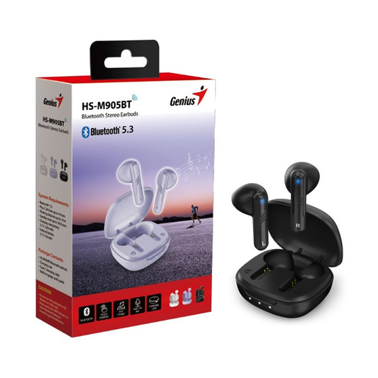 Genius HS-M905BT TWS True Wireless Earbuds, Bluetooth 5.3 Connectivity, Automatic Pairing and Touch Control Feature with Wireless Charging Case, Android, IOS and Windows Compatible, Black - PC Gear UK