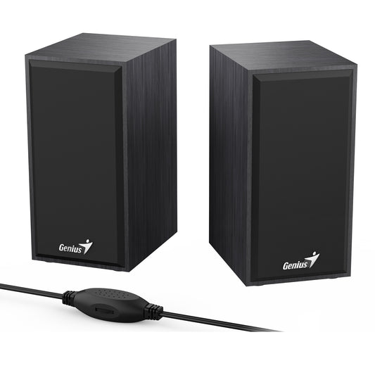 Genius SP-HF180 6W Wooden Desktop USB 2.0 Stereo Speakers with 3.5mm Audio Jack & Volume Control, Black - PC Gear UK