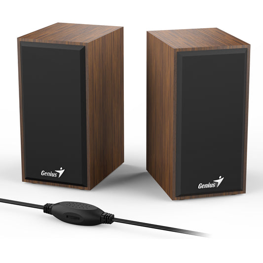 Genius SP-HF180 6W Wooden Desktop USB 2.0 Stereo Speakers with 3.5mm Audio Jack & Volume Control, Natural Wood - PC Gear UK