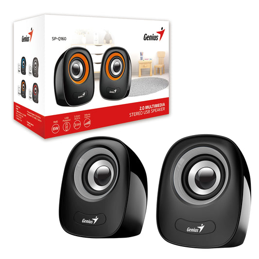 Genius SP-Q160 2.0 Desktop Speakers, Stereo Sound, USB Powered Plug and Play, 6w, 3.5mm with Volume Control, Grey - PC Gear UK