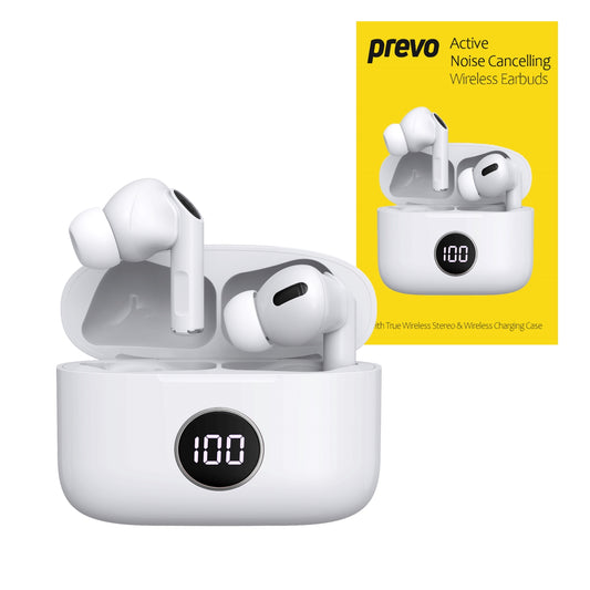 Prevo M10 Active Noise Cancelling TWS Earbuds, Bluetooth 5.3, Automatic Pairing, Touch Control Feature with Digital LED Display Wireless Charging Case, Android, IOS and Windows Compatible, White - PC Gear UK