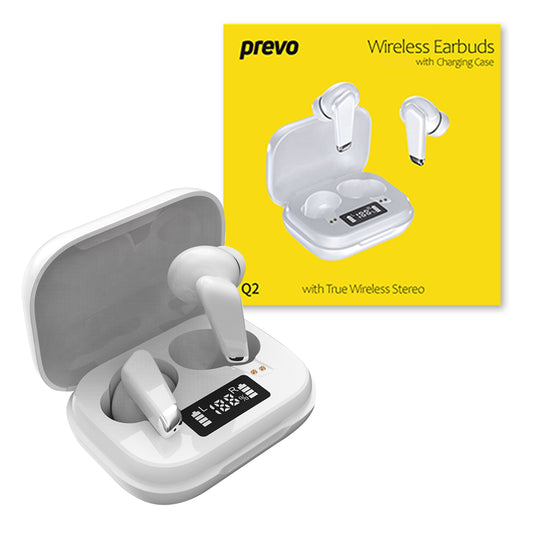 Prevo Q2 TWS Earbuds, Bluetooth 5.1, Automatic Pairing, Touch Control Feature with Digital LED Display Wireless Charging Case, Android, IOS and Windows Compatible, White - PC Gear UK
